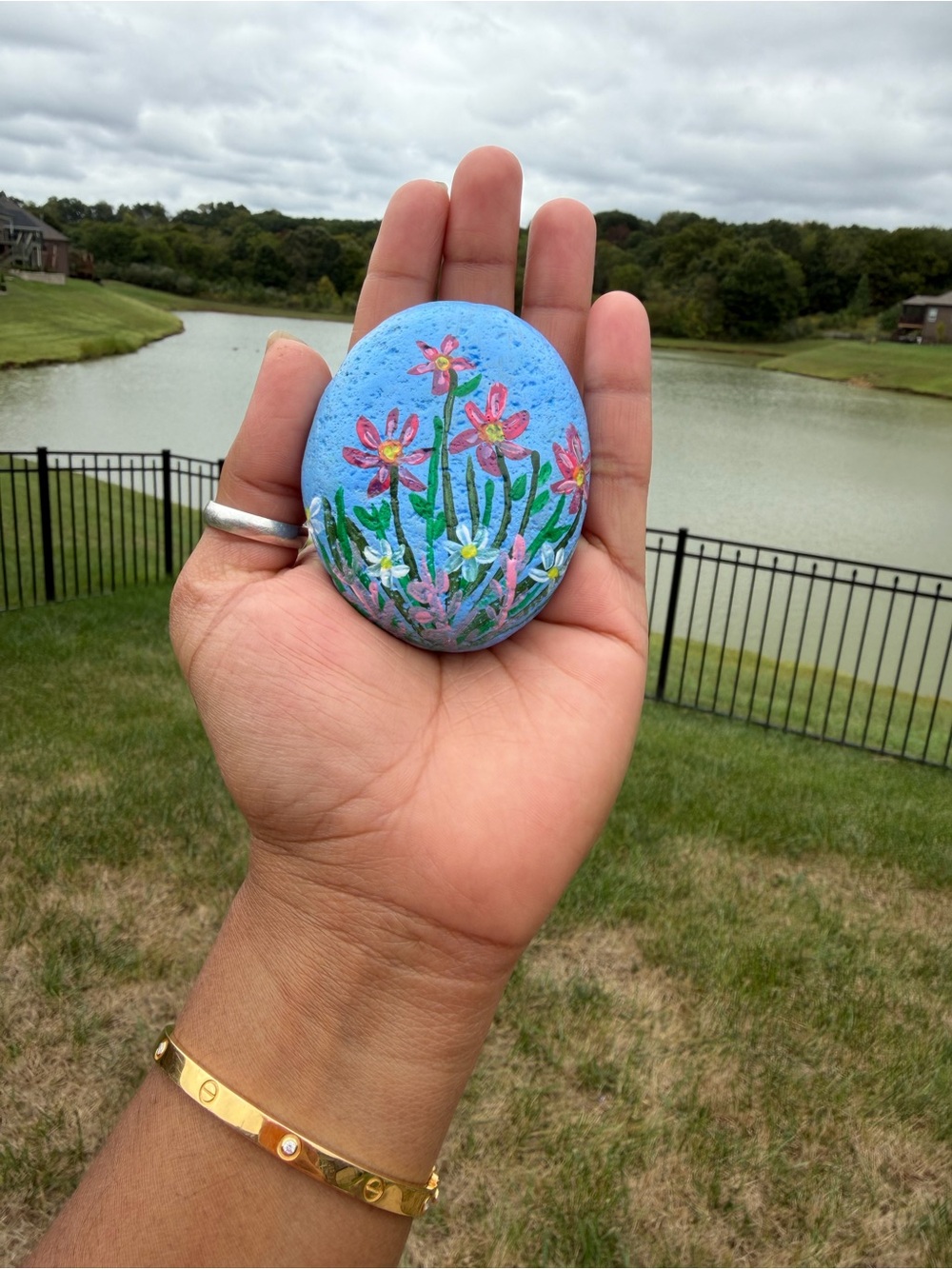 Hand-Painted Blue Floral Pocket Rock